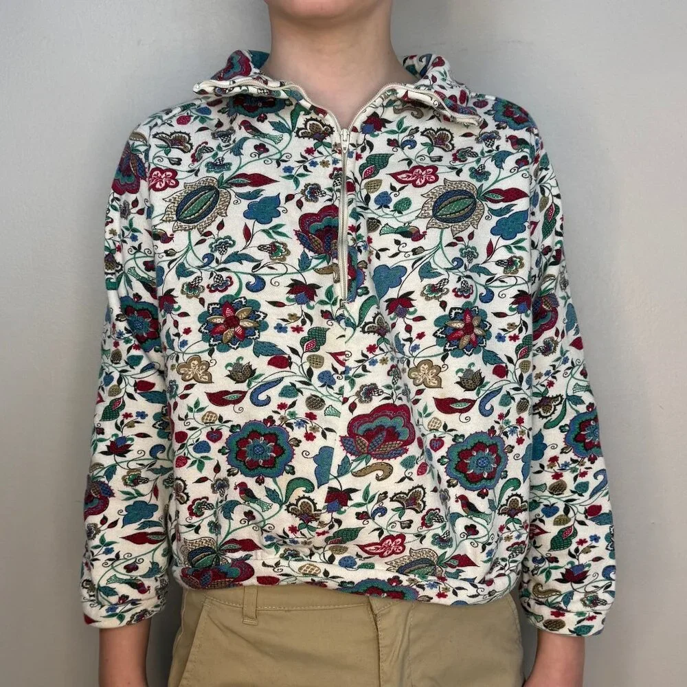Vintage 1960s Girls’ Floral Print Sweatshirt, Half Zip, Karinda of California 8